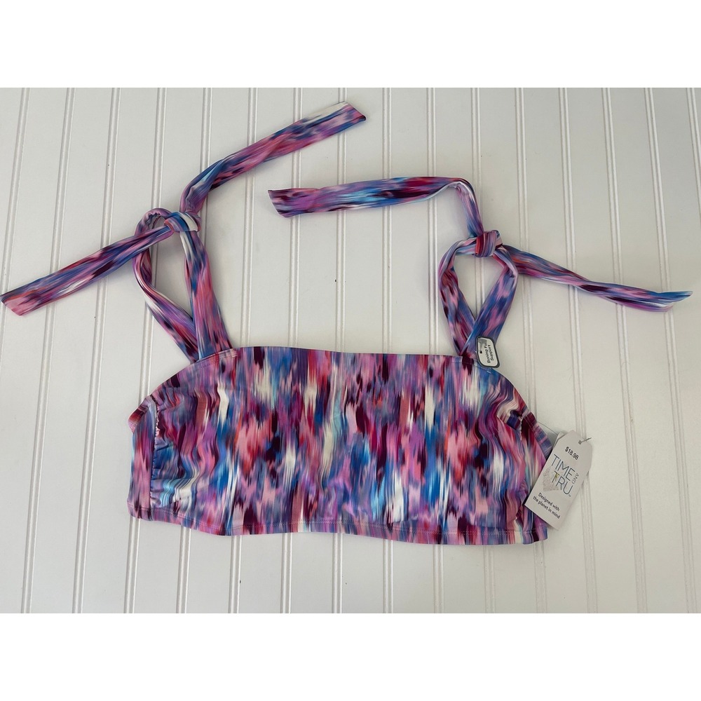 NWT Time and Tru Womens 1X Abstract Ikat Bandeau Bikini Top Purple Blue Pink NEW